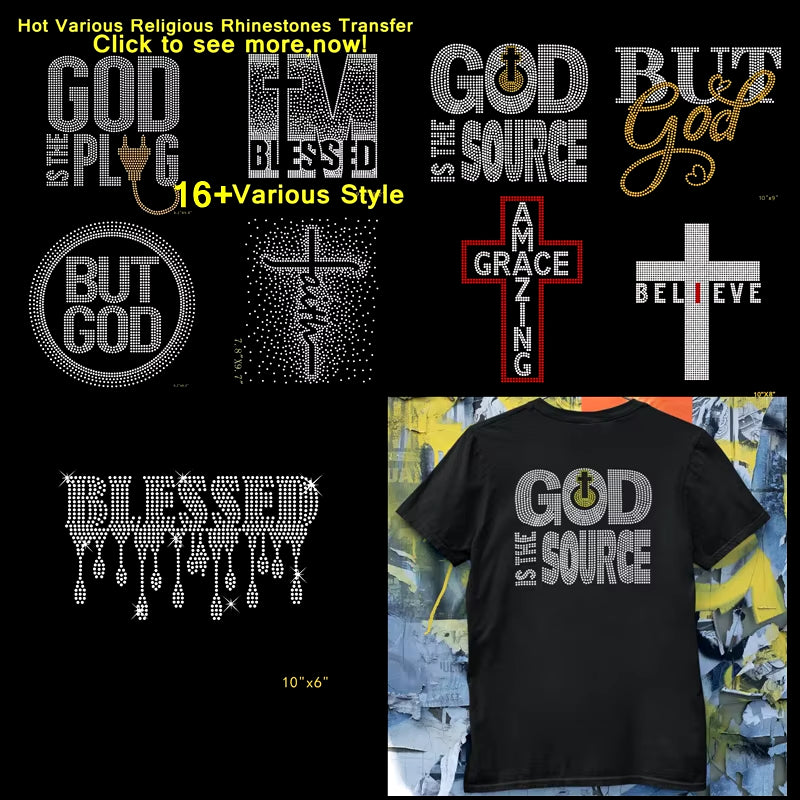 New 16 Styles 2Pcs/Lot God Is the Plug God Is Good but God Religious Faith Rhinestone Transfer Design Iron on for T-Shirt