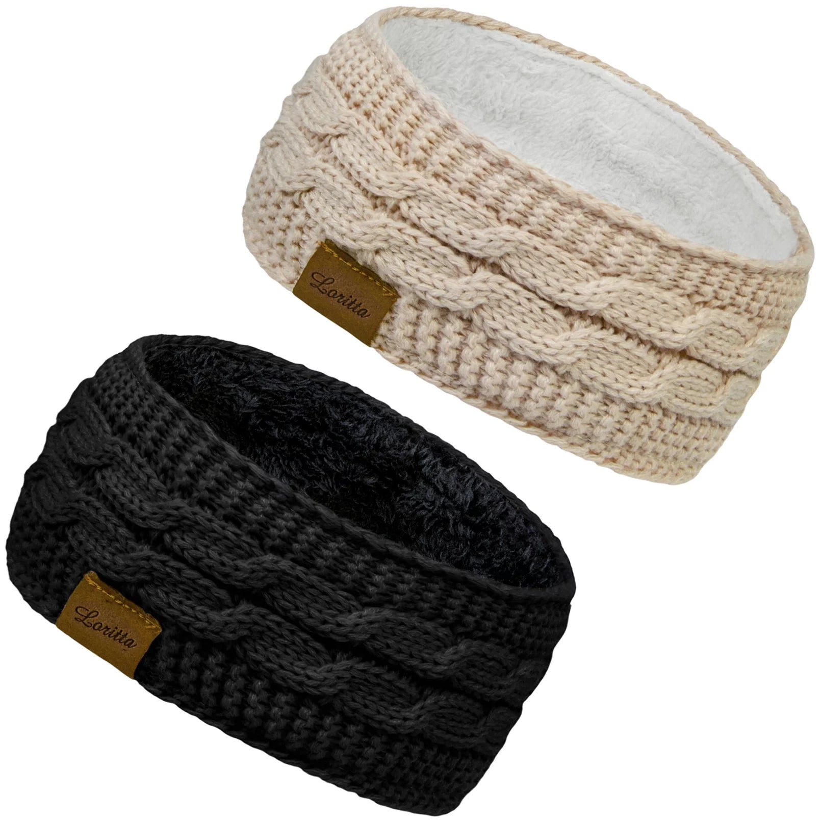 Winter Ear Muff for Woman, Knit Ear Warmers Headband Twist Gifts 2 Pack Beige and Black