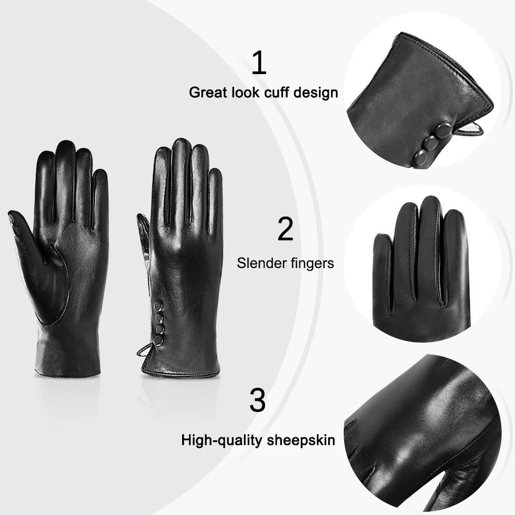 Winter Gloves PU Leather Gloves for Women, Warm Thermal Windproof Gloves with Wool Lining