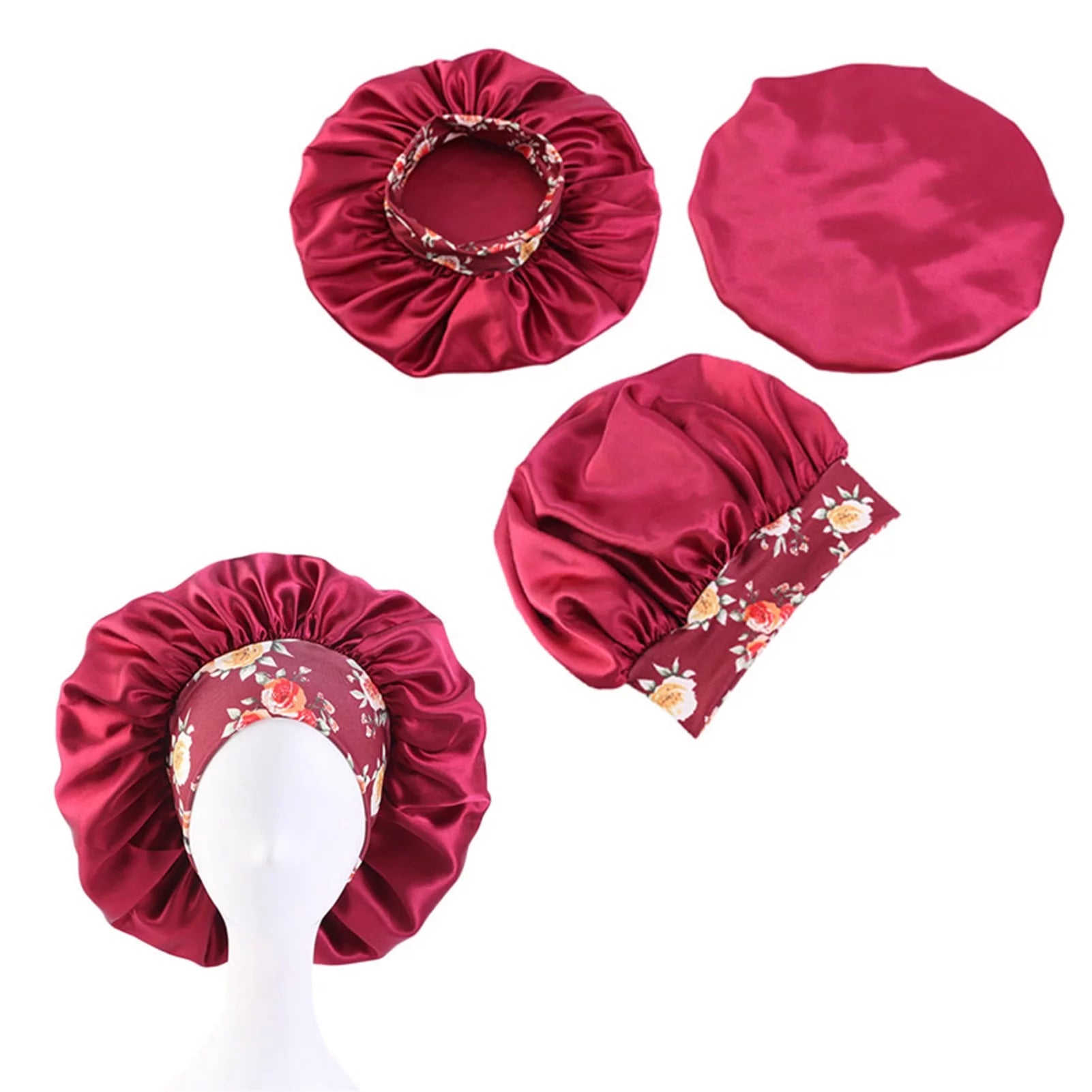 Satin Hair Bonnet 3 Pcs Elastic Wide Band Sleeping Soft Print Caps for Women Multicolor for Long Curly Natural Hair Big Capacity(Red)